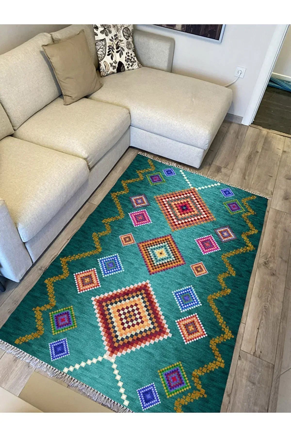 COTTON KİLİM 3669 Yeşil Tonlarında İskandinav Desenli Dekoratif Kilim - HALI VAGONU