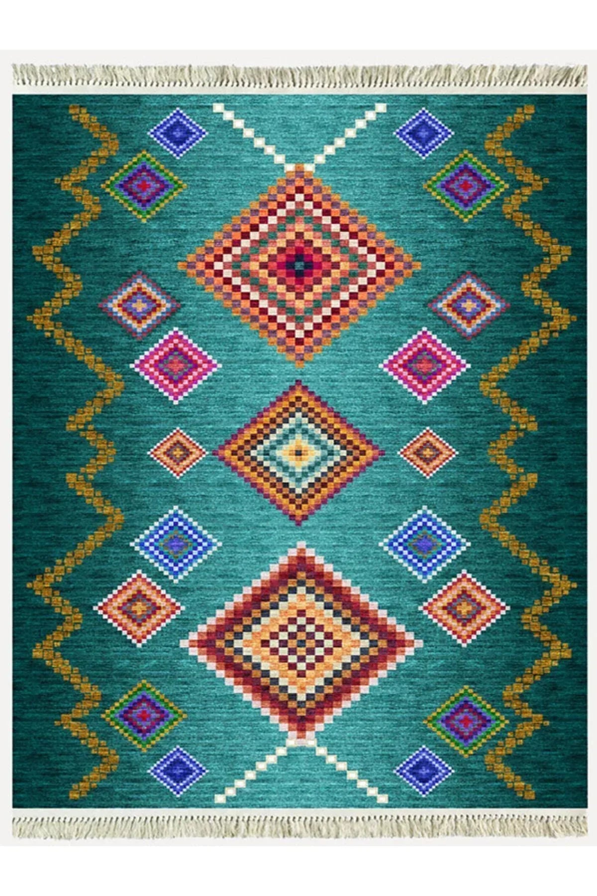 COTTON KİLİM 3669 Yeşil Tonlarında İskandinav Desenli Dekoratif Kilim - HALI VAGONU