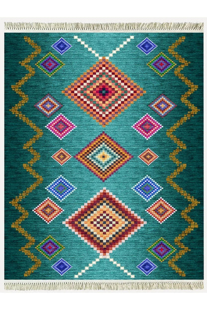 COTTON KİLİM 3669 Yeşil Tonlarında İskandinav Desenli Dekoratif Kilim - HALI VAGONU