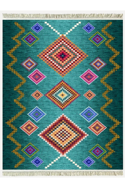 COTTON KİLİM 3669 Yeşil Tonlarında İskandinav Desenli Dekoratif Kilim - HALI VAGONU
