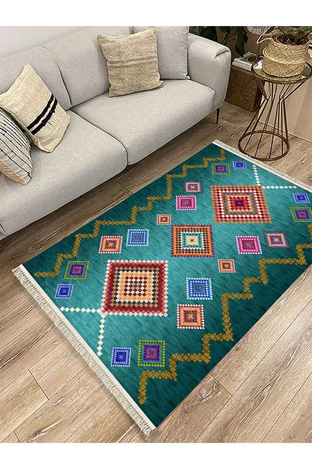 COTTON KİLİM 3669 Yeşil Tonlarında İskandinav Desenli Dekoratif Kilim - HALI VAGONU