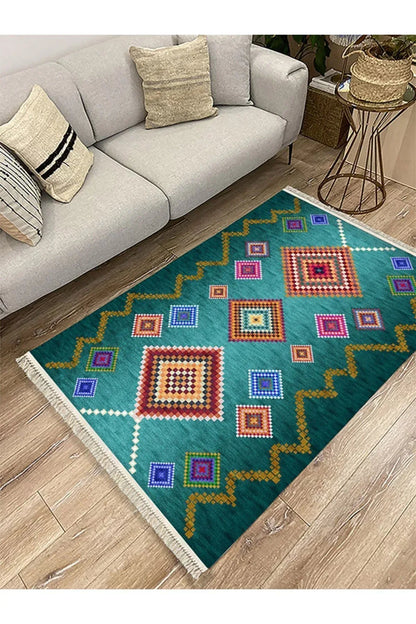 COTTON KİLİM 3669 Yeşil Tonlarında İskandinav Desenli Dekoratif Kilim - HALI VAGONU