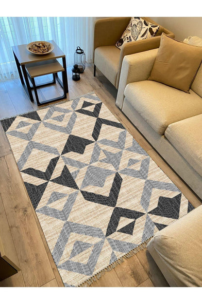 Cotton Kilim 37 Doğal Jut Renklı Giometrik Modern Desenli Dekoratif Yıkanabilen Dokuma Taban Kilim - HALI VAGONU