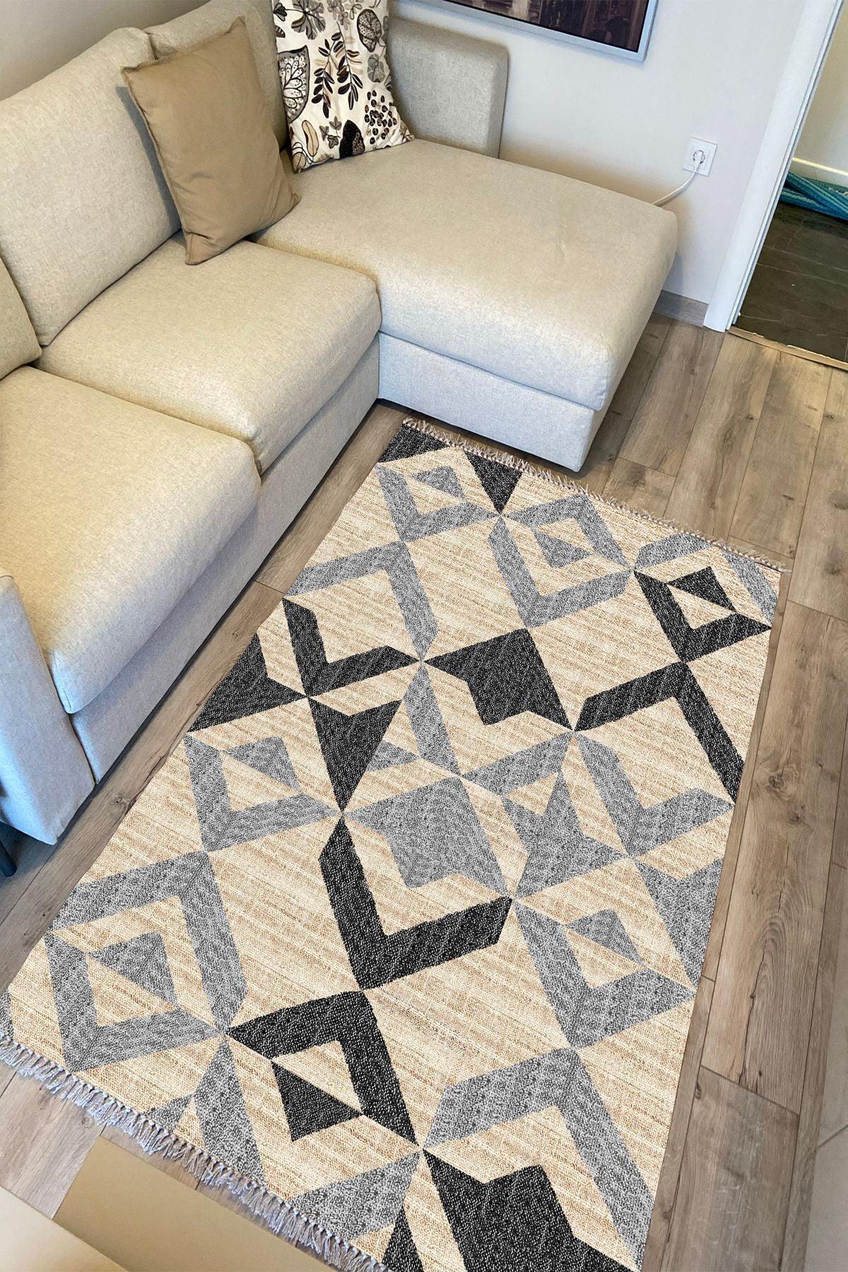 Cotton Kilim 37 Doğal Jut Renklı Giometrik Modern Desenli Dekoratif Yıkanabilen Dokuma Taban Kilim - HALI VAGONU