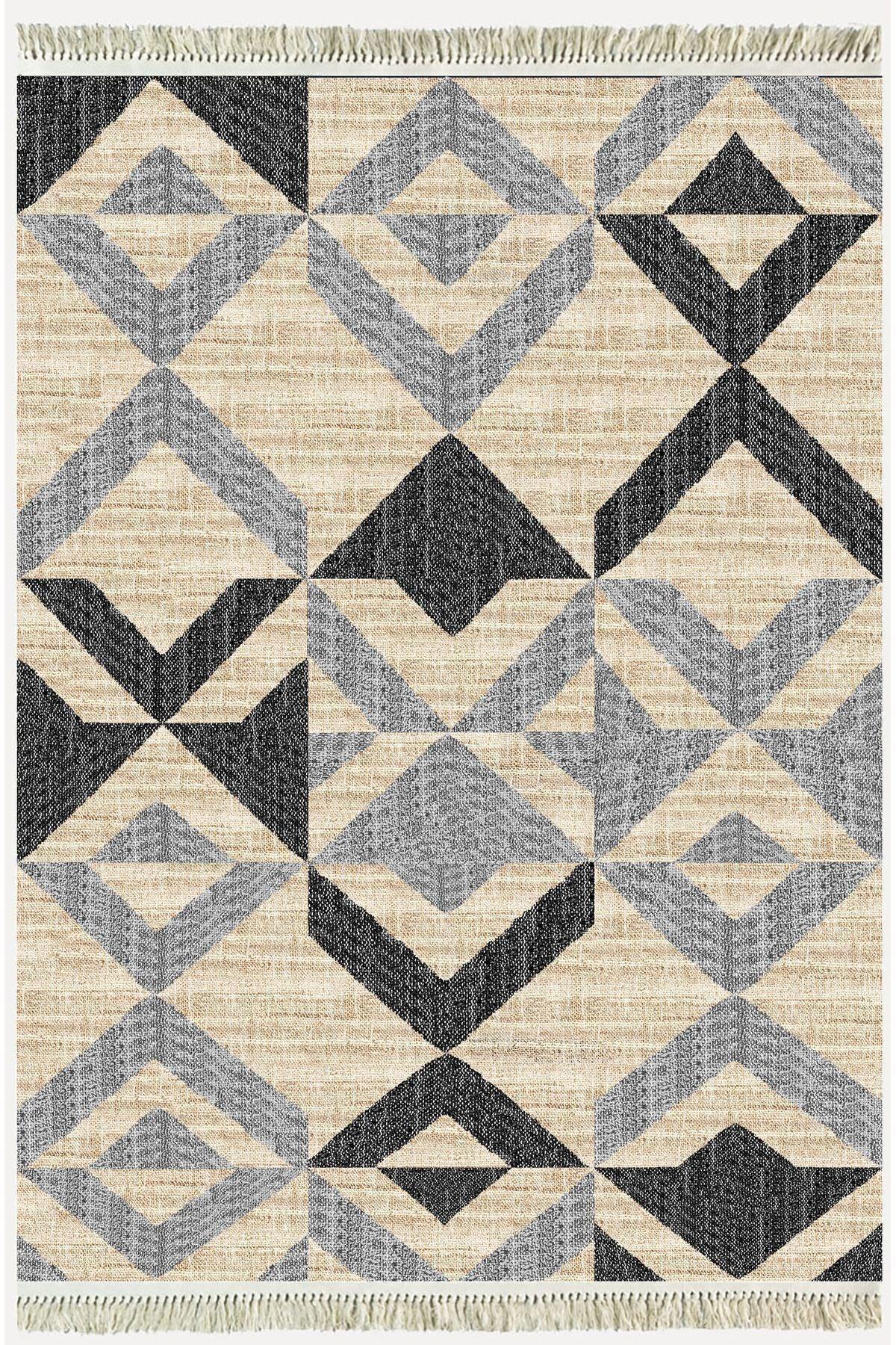 Cotton Kilim 37 Doğal Jut Renklı Giometrik Modern Desenli Dekoratif Yıkanabilen Dokuma Taban Kilim - HALI VAGONU