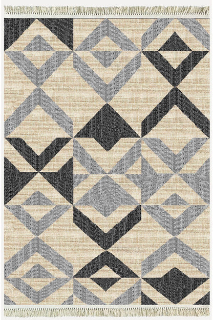 Cotton Kilim 37 Doğal Jut Renklı Giometrik Modern Desenli Dekoratif Yıkanabilen Dokuma Taban Kilim - HALI VAGONU