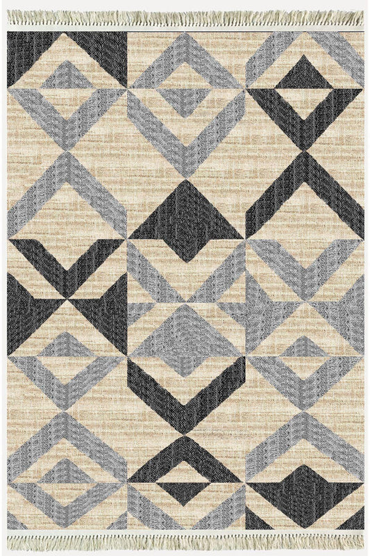 Cotton Kilim 37 Doğal Jut Renklı Giometrik Modern Desenli Dekoratif Yıkanabilen Dokuma Taban Kilim - HALI VAGONU