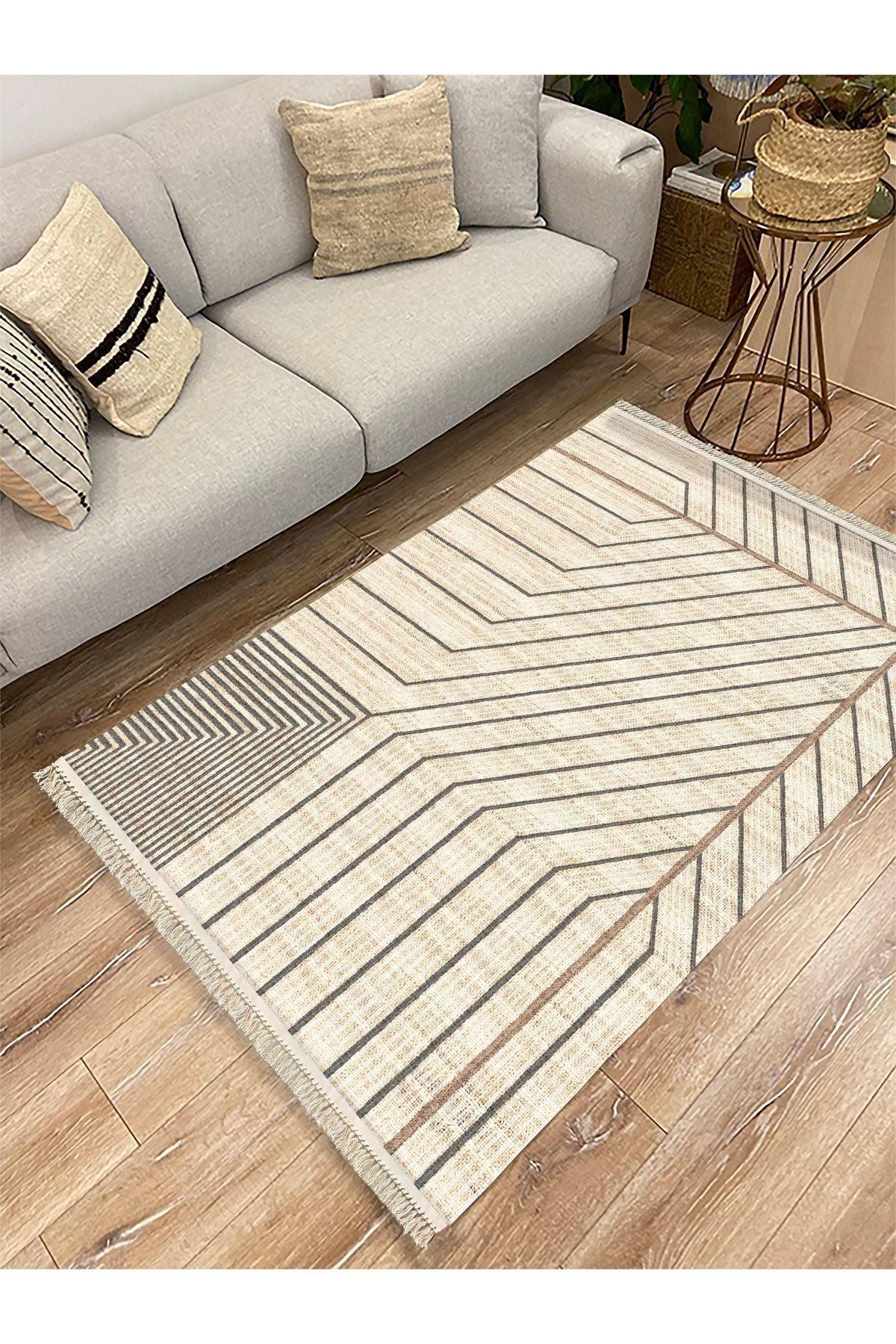 Cotton Kilim 38 Doğal Jut Renklı Giometrik Modern Desenli Dekoratif Yıkanabilen Dokuma Taban Kilim - HALI VAGONU