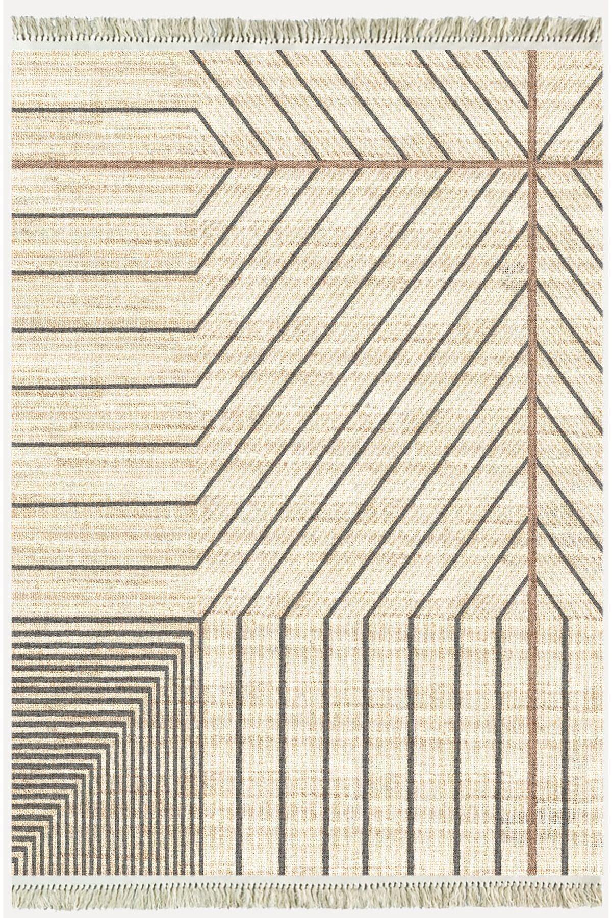 Cotton Kilim 38 Doğal Jut Renklı Giometrik Modern Desenli Dekoratif Yıkanabilen Dokuma Taban Kilim - HALI VAGONU