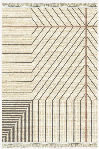Cotton Kilim 38 Doğal Jut Renklı Giometrik Modern Desenli Dekoratif Yıkanabilen Dokuma Taban Kilim - HALI VAGONU
