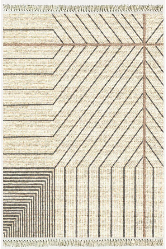 Cotton Kilim 38 Doğal Jut Renklı Giometrik Modern Desenli Dekoratif Yıkanabilen Dokuma Taban Kilim - HALI VAGONU