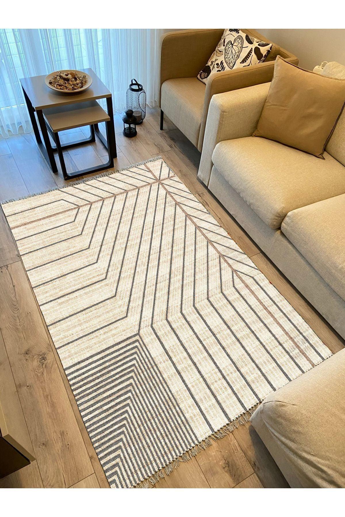 Cotton Kilim 38 Doğal Jut Renklı Giometrik Modern Desenli Dekoratif Yıkanabilen Dokuma Taban Kilim - HALI VAGONU