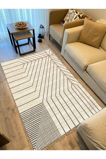 Cotton Kilim 38 Doğal Jut Renklı Giometrik Modern Desenli Dekoratif Yıkanabilen Dokuma Taban Kilim - HALI VAGONU