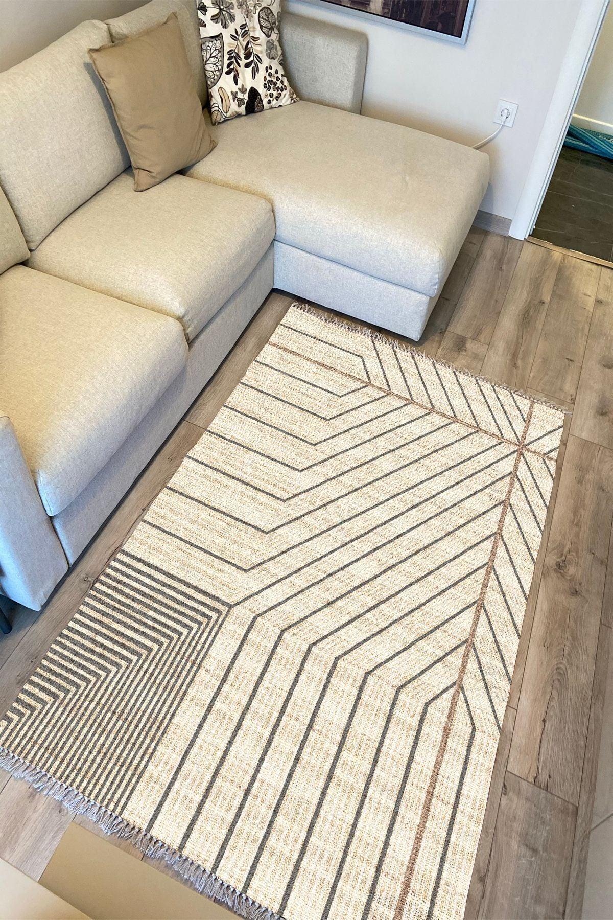 Cotton Kilim 38 Doğal Jut Renklı Giometrik Modern Desenli Dekoratif Yıkanabilen Dokuma Taban Kilim - HALI VAGONU