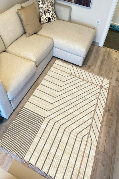 Cotton Kilim 38 Doğal Jut Renklı Giometrik Modern Desenli Dekoratif Yıkanabilen Dokuma Taban Kilim - HALI VAGONU