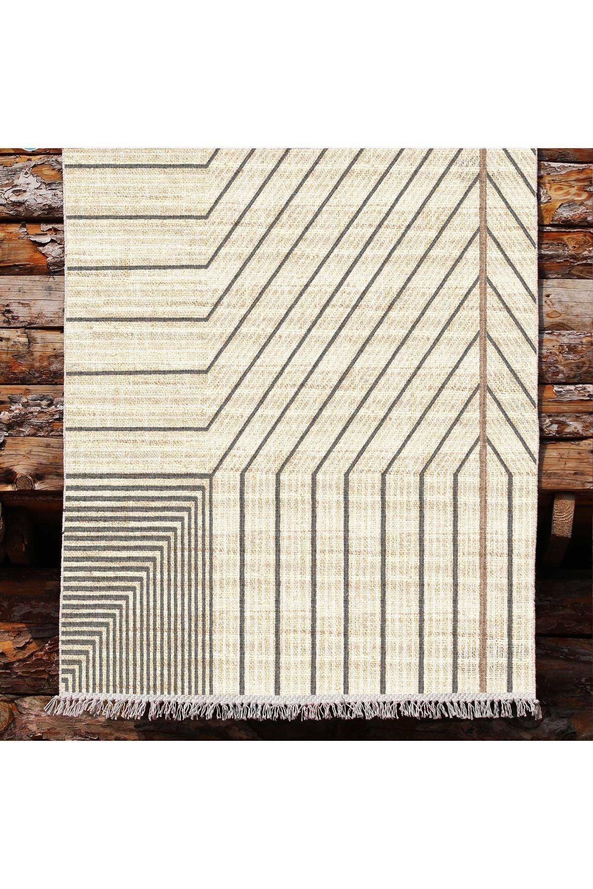 Cotton Kilim 38 Doğal Jut Renklı Giometrik Modern Desenli Dekoratif Yıkanabilen Dokuma Taban Kilim - HALI VAGONU