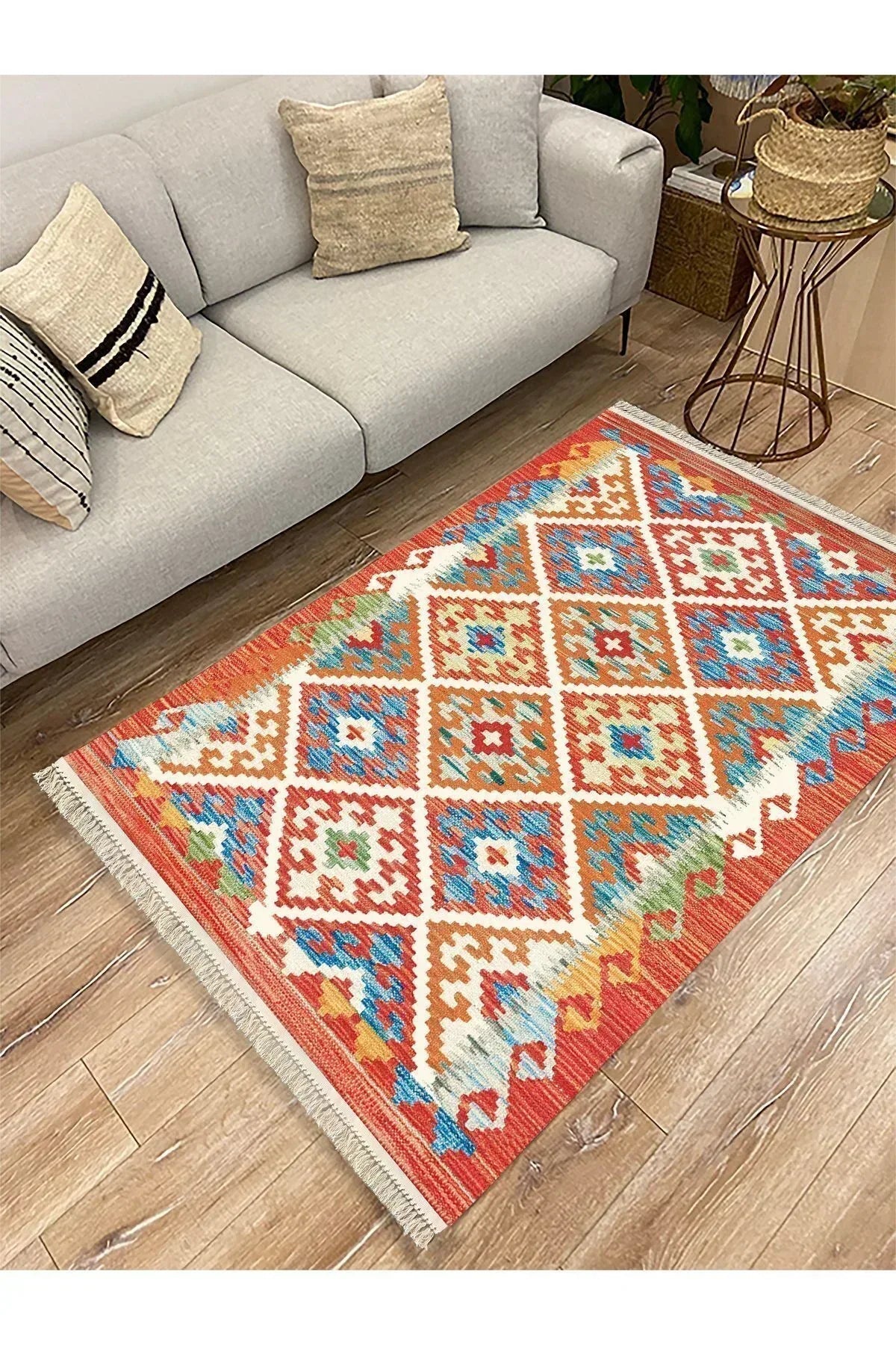 Cotton Kilim 39 Modern Ve Otantik Karışımı Desenli Dekoratif Yıkanabilen Dokuma Kilim - HALI VAGONU