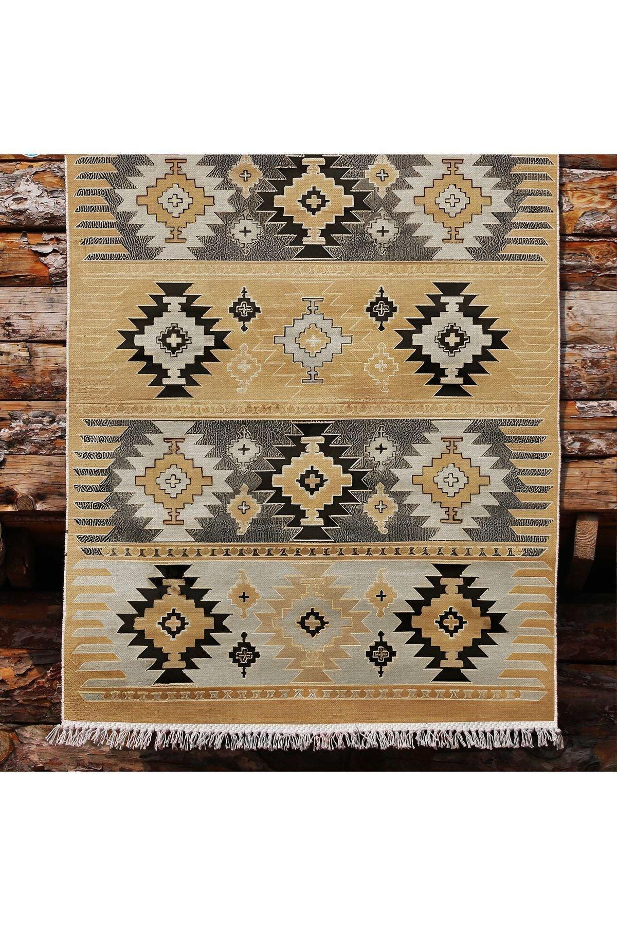 Cotton Kilim 4 Hardal Tonunda Geometrik Desenli Dekoratif Yıkanabilen Dokuma Taban Kilim - HALI VAGONU