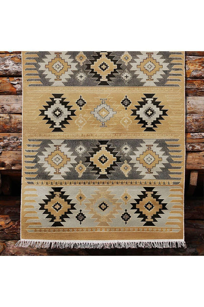 Cotton Kilim 4 Hardal Tonunda Geometrik Desenli Dekoratif Yıkanabilen Dokuma Taban Kilim - HALI VAGONU