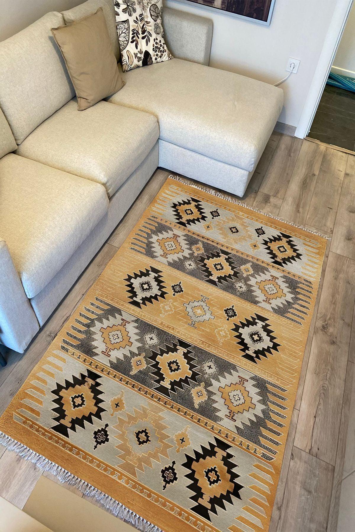 Cotton Kilim 4 Hardal Tonunda Geometrik Desenli Dekoratif Yıkanabilen Dokuma Taban Kilim - HALI VAGONU