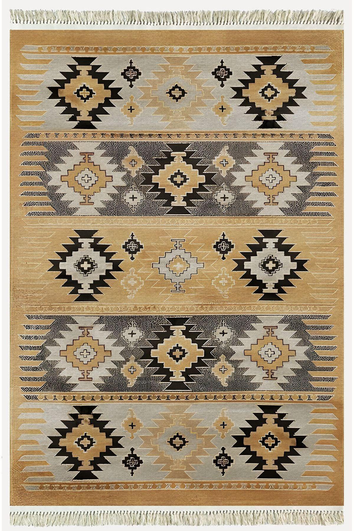Cotton Kilim 4 Hardal Tonunda Geometrik Desenli Dekoratif Yıkanabilen Dokuma Taban Kilim - HALI VAGONU