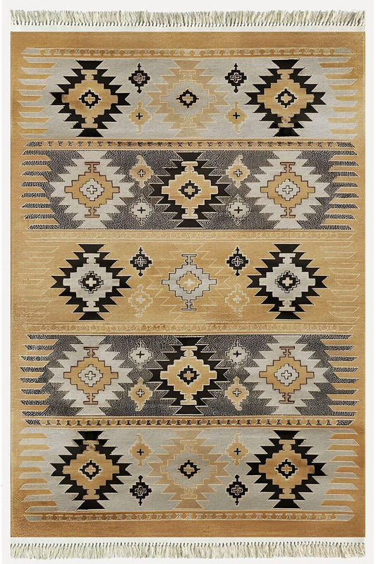 Cotton Kilim 4 Hardal Tonunda Geometrik Desenli Dekoratif Yıkanabilen Dokuma Taban Kilim - HALI VAGONU