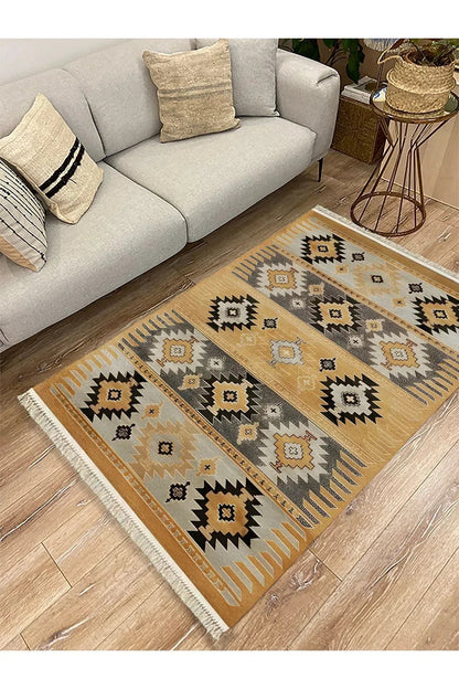 Cotton Kilim 4 Hardal Tonunda Geometrik Desenli Dekoratif Yıkanabilen Dokuma Taban Kilim - HALI VAGONU
