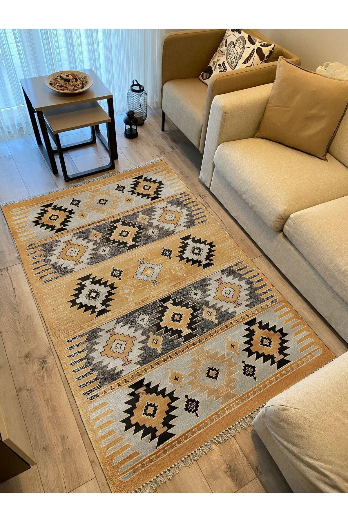 Cotton Kilim 4 Hardal Tonunda Geometrik Desenli Dekoratif Yıkanabilen Dokuma Taban Kilim - HALI VAGONU