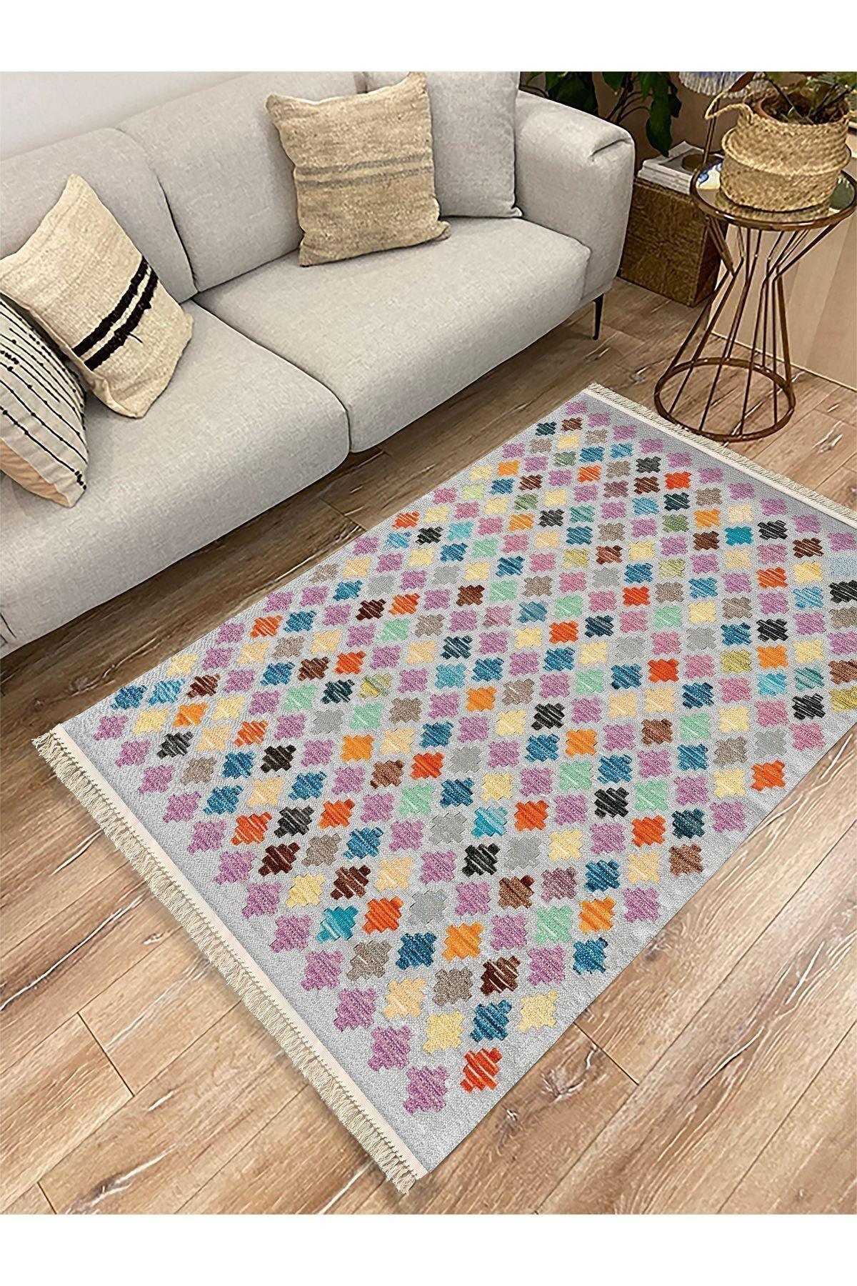 Cotton Kilim 41 Gri Tonlarında Modern Dekoratif Yıkanabilen Dokuma Kilim - HALI VAGONU