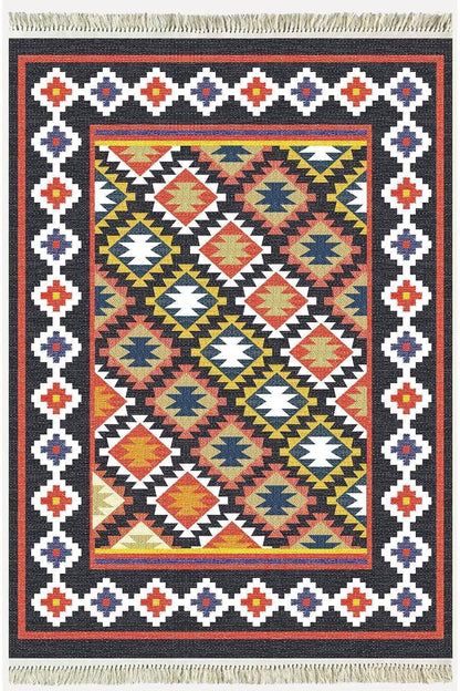 Cotton Kilim 42 Lacivert Zeminli Geneleksel Motifler Modern Dekoratif Yıkanabilen Dokuma Kilim - HALI VAGONU