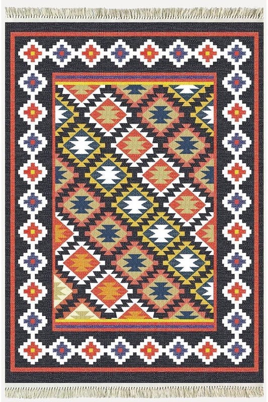 Cotton Kilim 42 Lacivert Zeminli Geneleksel Motifler Modern Dekoratif Yıkanabilen Dokuma Kilim - HALI VAGONU