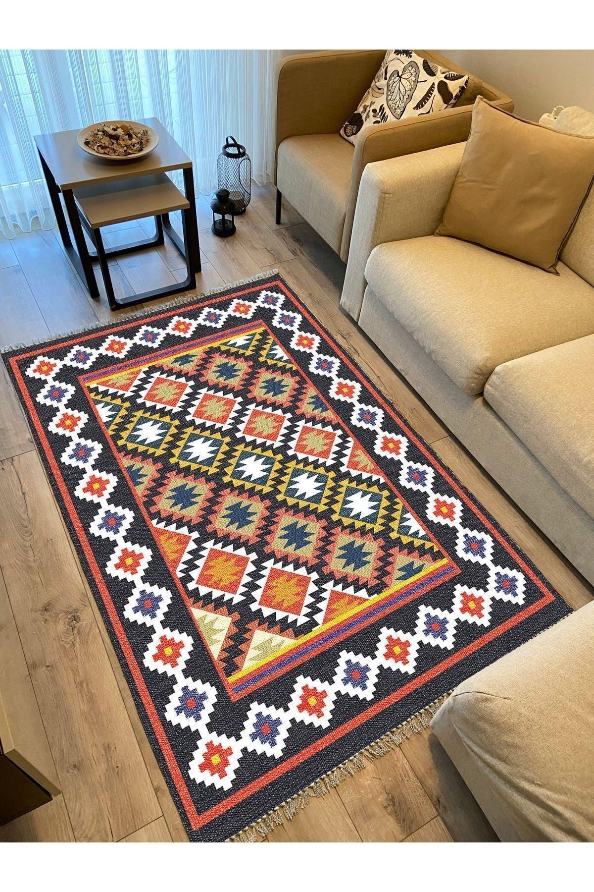 Cotton Kilim 42 Lacivert Zeminli Geneleksel Motifler Modern Dekoratif Yıkanabilen Dokuma Kilim - HALI VAGONU