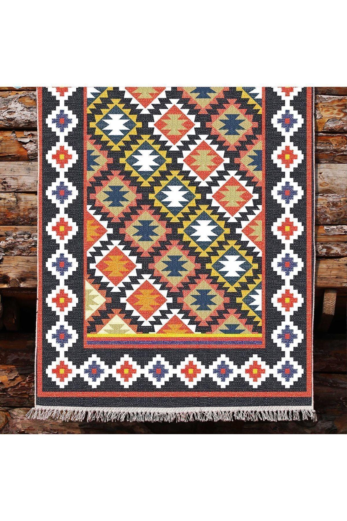 Cotton Kilim 42 Lacivert Zeminli Geneleksel Motifler Modern Dekoratif Yıkanabilen Dokuma Kilim - HALI VAGONU