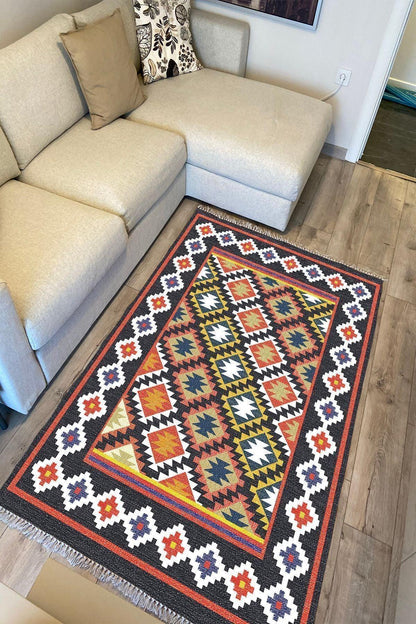 Cotton Kilim 42 Lacivert Zeminli Geneleksel Motifler Modern Dekoratif Yıkanabilen Dokuma Kilim - HALI VAGONU