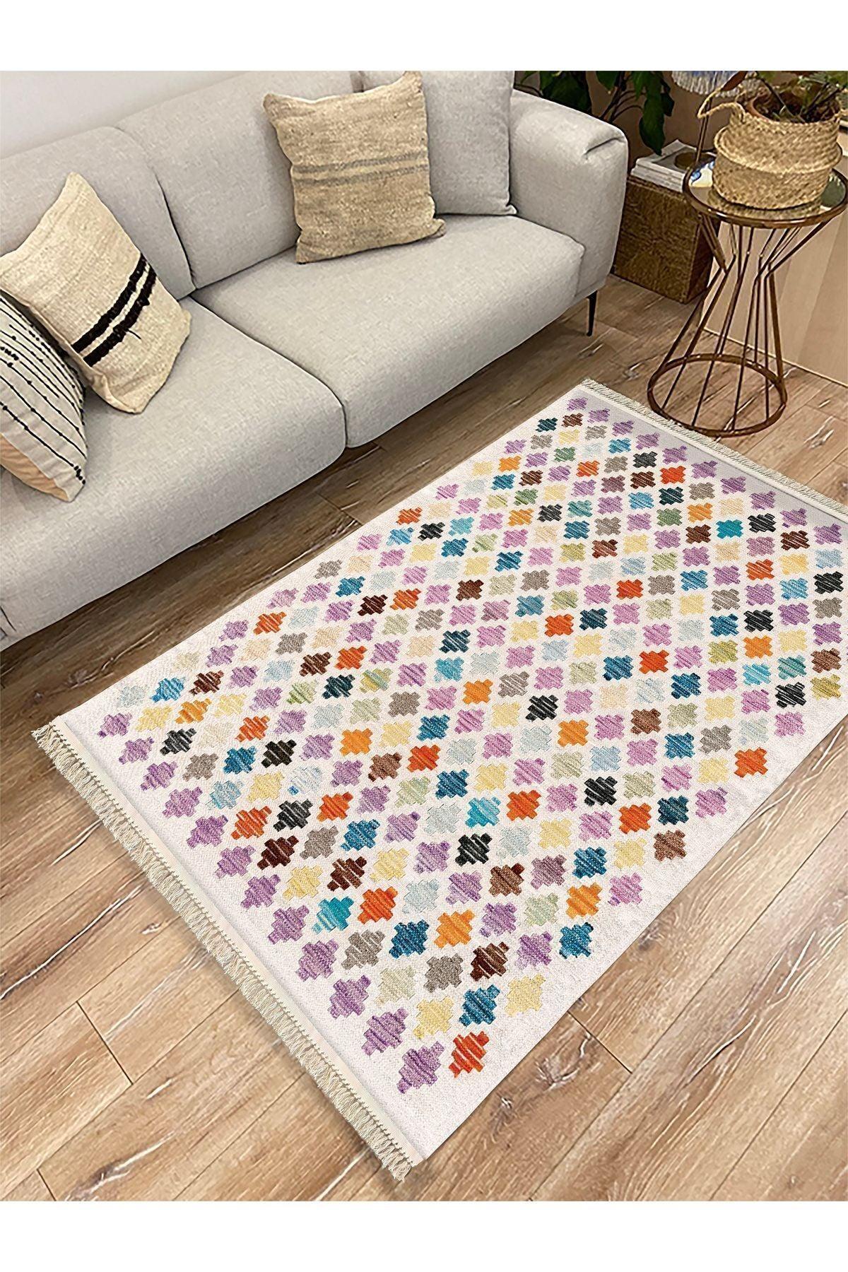 Cotton Kilim 43 Krem Üzerine Geometrik Modern Dekoratif Yıkanabilen Dokuma Kilim - HALI VAGONU