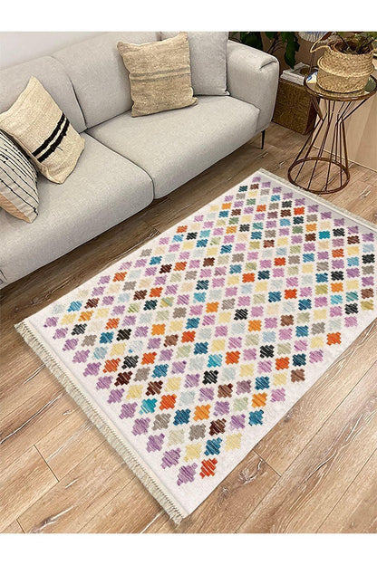 Cotton Kilim 43 Krem Üzerine Geometrik Modern Dekoratif Yıkanabilen Dokuma Kilim - HALI VAGONU