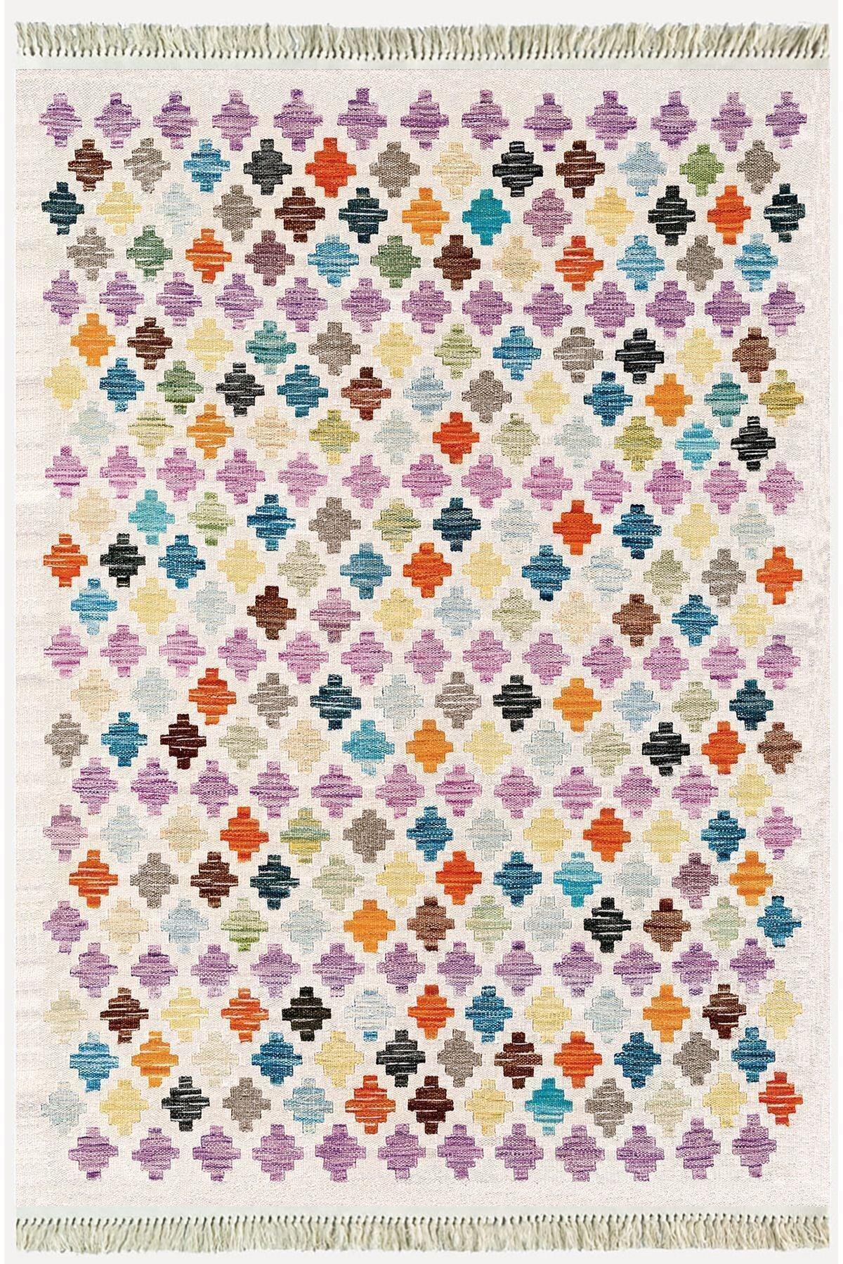 Cotton Kilim 43 Krem Üzerine Geometrik Modern Dekoratif Yıkanabilen Dokuma Kilim - HALI VAGONU