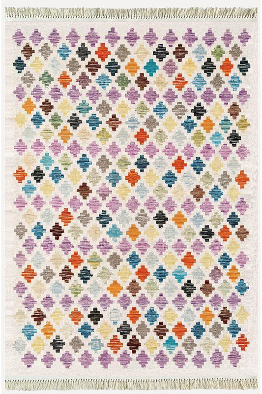 Cotton Kilim 43 Krem Üzerine Geometrik Modern Dekoratif Yıkanabilen Dokuma Kilim - HALI VAGONU