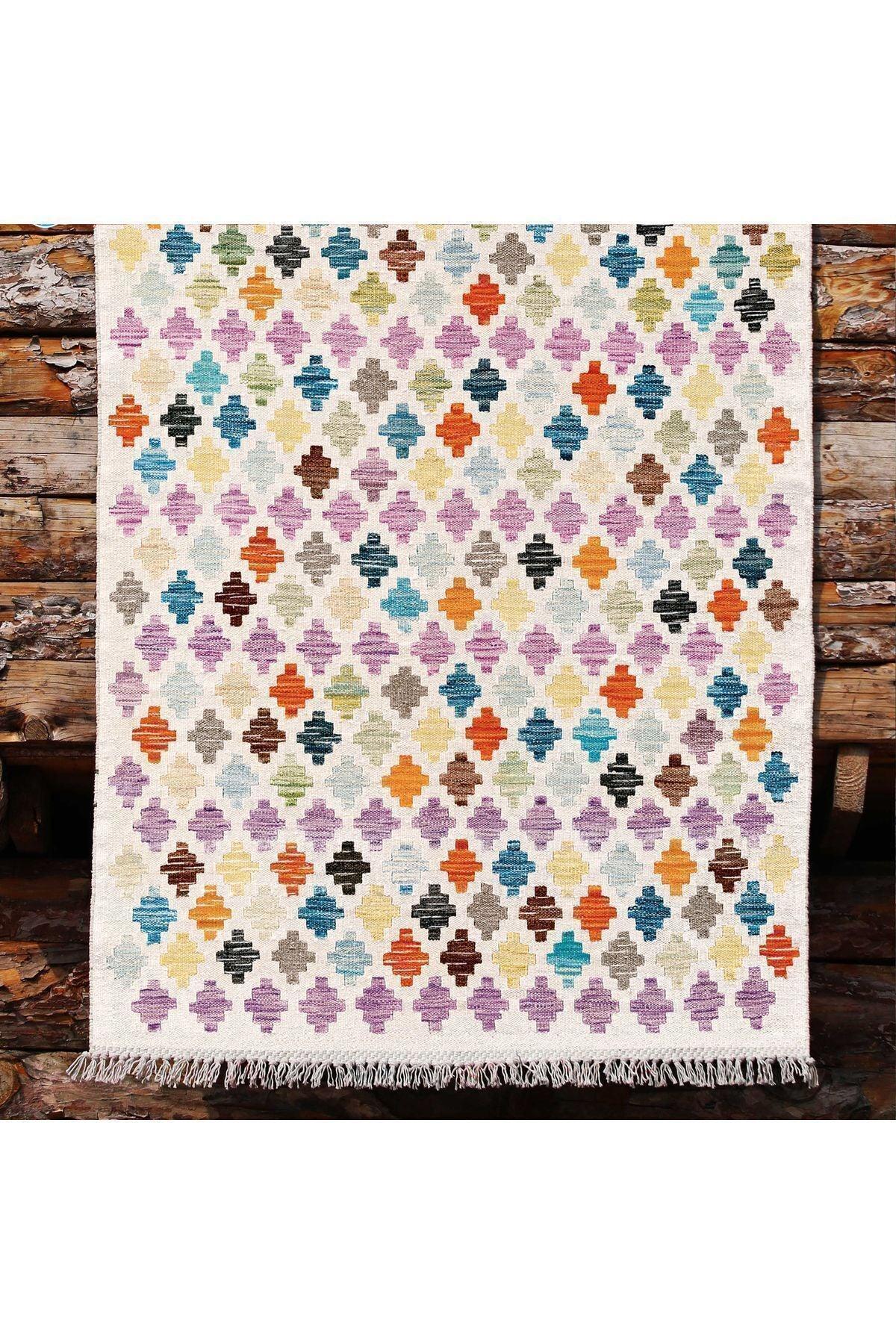Cotton Kilim 43 Krem Üzerine Geometrik Modern Dekoratif Yıkanabilen Dokuma Kilim - HALI VAGONU