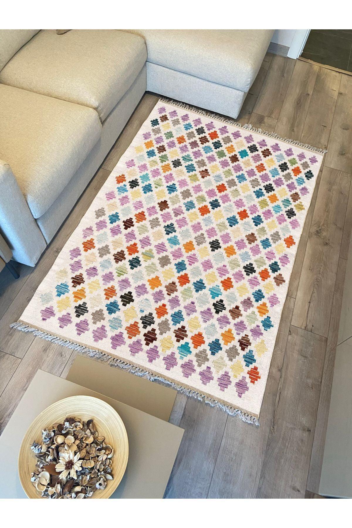 Cotton Kilim 43 Krem Üzerine Geometrik Modern Dekoratif Yıkanabilen Dokuma Kilim - HALI VAGONU