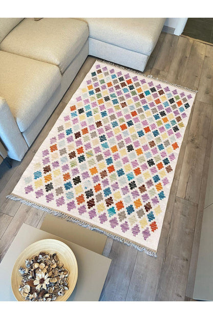 Cotton Kilim 43 Krem Üzerine Geometrik Modern Dekoratif Yıkanabilen Dokuma Kilim - HALI VAGONU