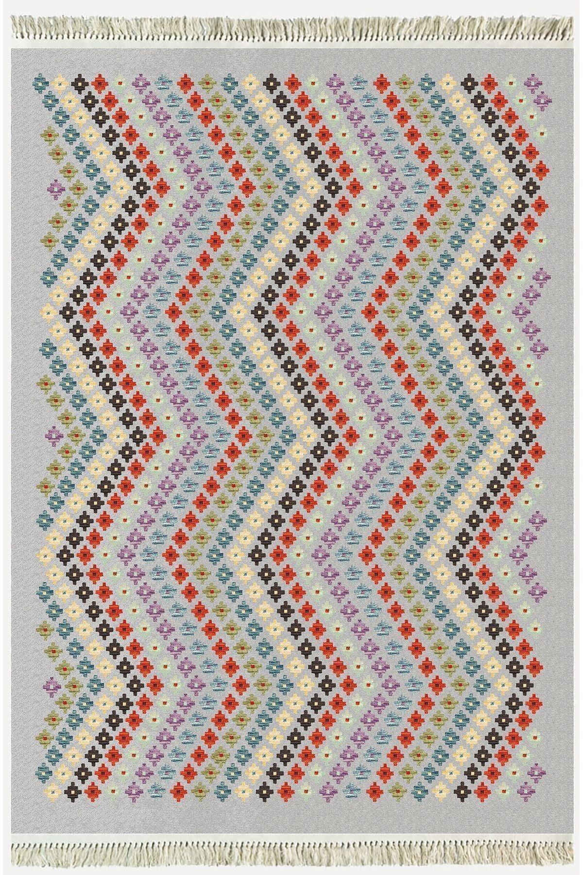 Cotton Kilim 45 Gri Zeminli Geneleksel Motifler Modern Dekoratif Yıkanabilen Dokuma T Kilim - HALI VAGONU