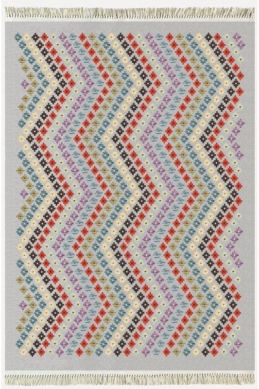 Cotton Kilim 45 Gri Zeminli Geneleksel Motifler Modern Dekoratif Yıkanabilen Dokuma T Kilim - HALI VAGONU