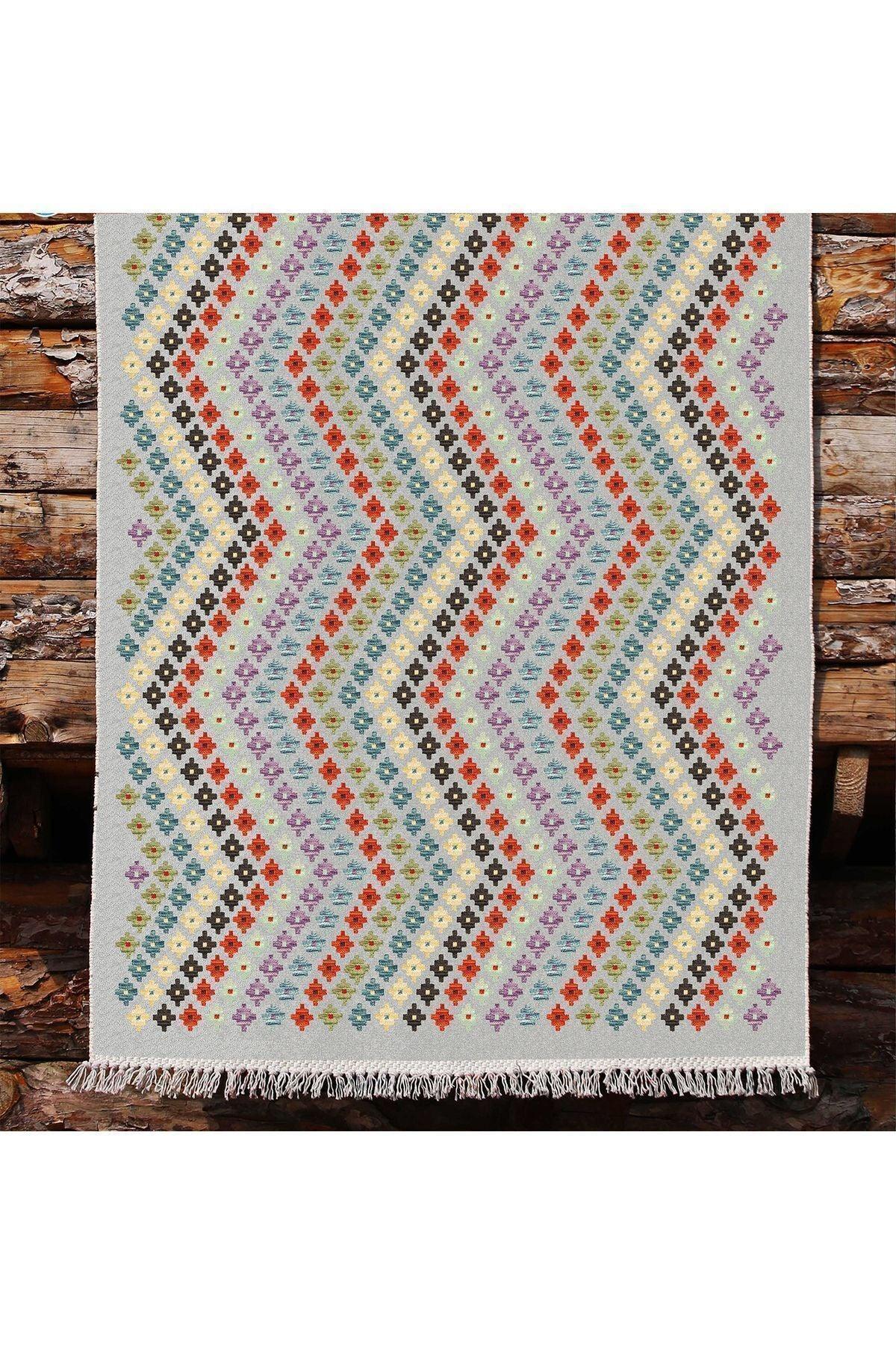 Cotton Kilim 45 Gri Zeminli Geneleksel Motifler Modern Dekoratif Yıkanabilen Dokuma T Kilim - HALI VAGONU
