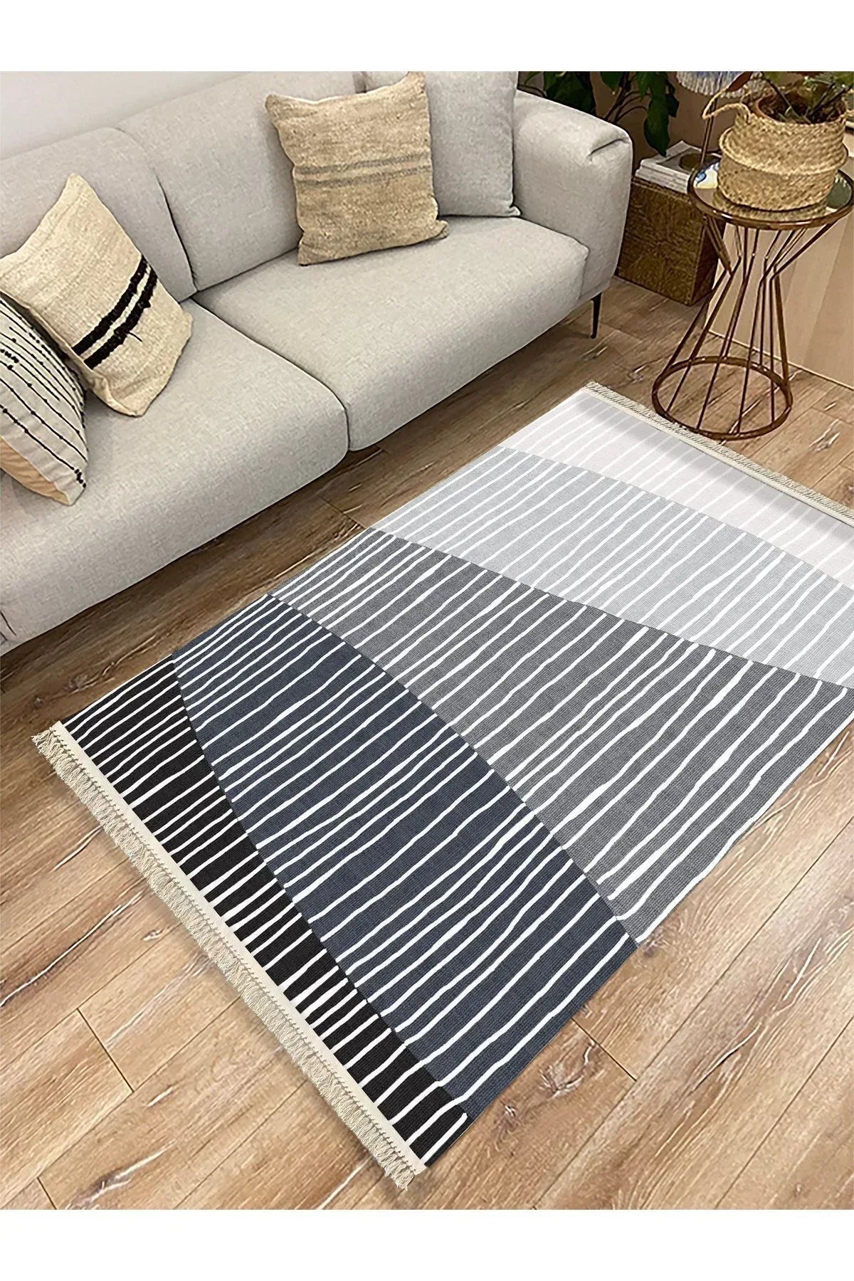 Cotton Kilim 47 Gri Zeminli Geneleksel Motifler Modern Dekoratif Yıkanabilen Dokuma Kilim - HALI VAGONU