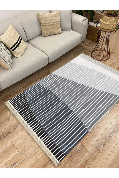 Cotton Kilim 47 Gri Zeminli Geneleksel Motifler Modern Dekoratif Yıkanabilen Dokuma Kilim - HALI VAGONU