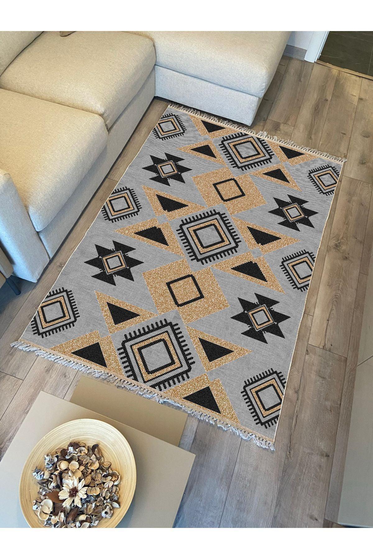 Cotton Kilim 49 Gri Zeminli Geneleksel Motifler Modern Dekoratif Yıkanabilen Dokuma Kilim - HALI VAGONU