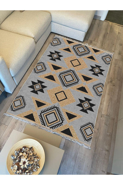 Cotton Kilim 49 Gri Zeminli Geneleksel Motifler Modern Dekoratif Yıkanabilen Dokuma Kilim - HALI VAGONU