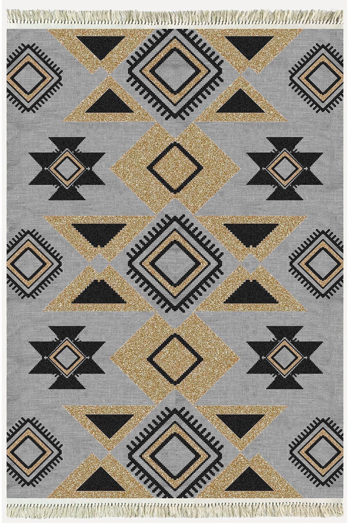 Cotton Kilim 49 Gri Zeminli Geneleksel Motifler Modern Dekoratif Yıkanabilen Dokuma Kilim - HALI VAGONU