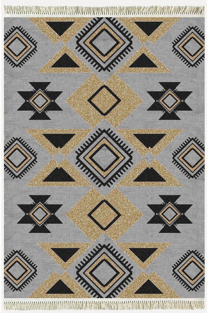 Cotton Kilim 49 Gri Zeminli Geneleksel Motifler Modern Dekoratif Yıkanabilen Dokuma Kilim - HALI VAGONU